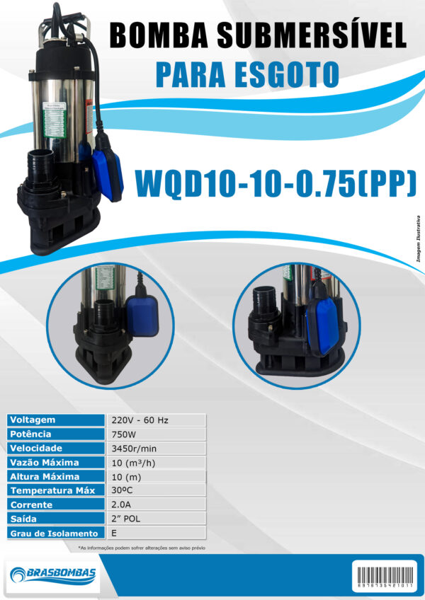 Bomba da agua submersivel para esgoto WQD10-10-0.75(pp)