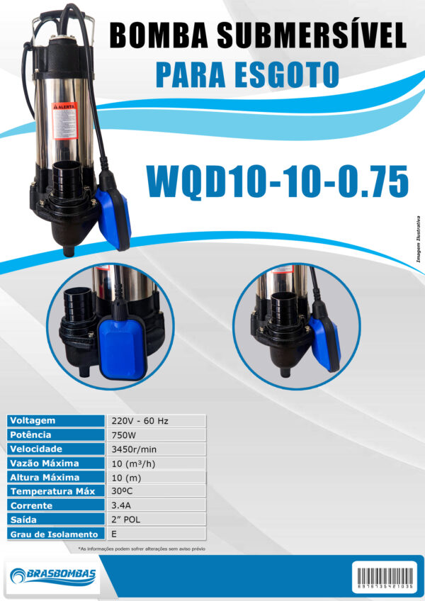 Bomba da agua submersivel para esgoto WQD10-10-0.75