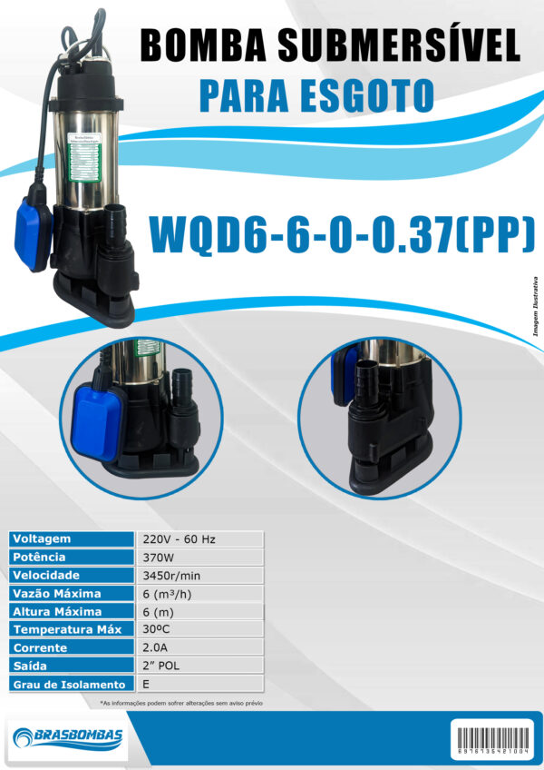 Bomba da agua submersivel para esgoto WQD6-6-0.37(pp)